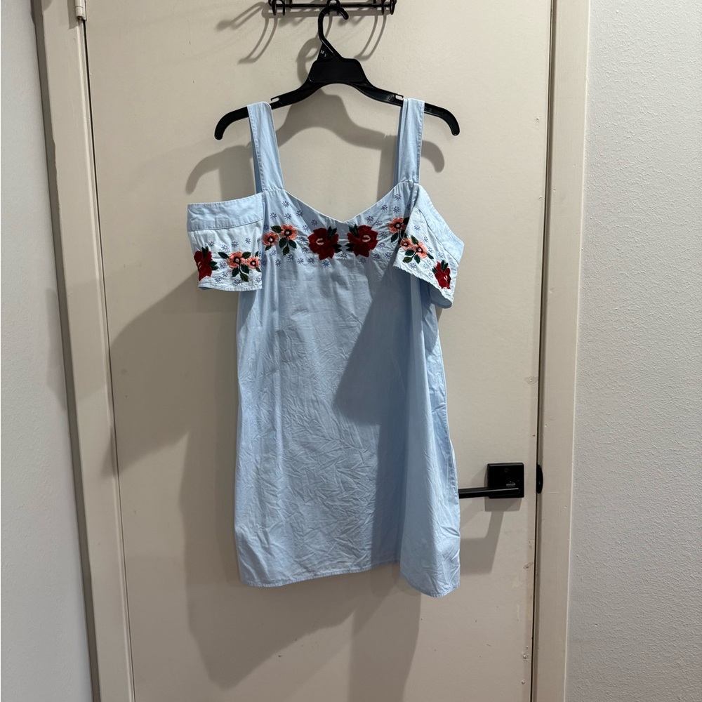 Miami Light Blue Off-Shoulder Dress with Red Floral Design
